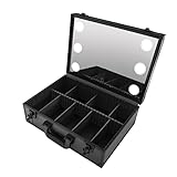 Kosmetik Aufbewahrungsbox Makeup Organizer Case mit 6 LED Lichtern & Spiegel Abnehmbare Trennwand, Cosmetic Organizer Box Make-up Case mit Lichtern und USB-Steckplatz, Schwarz