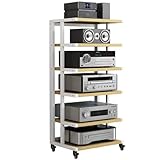Audio-Ständer mit 6 Etagen, HiFi-Rack, AV-Schrank mit Bremsrad, Weiß + Walnuss, Stereo-Komponentenschrank, Eckregal für Medien und Audio-Video, offener Audio-Tower für maximalen Stauraum und Nisierung