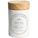 KHG Mehl Aufbewahrung aus Keramik Steingut in Weiß mit luftdichtem Holzdeckel aus Bambus | Mehldose luftdicht 1kg | Aufbewahrungsbehälter Mehl Vorratsdose rund mit Beschriftung |spülmaschinengeeignet