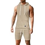 Generisch Tank Top Herren Ärmellos Kapuzenpullover mit Taschen Einfarbig Sportshort Sommer Sportanzug Jumpsuit Zweiteiliges Ärmelloser Hoodie Jogginganzug Trainingsanzug Kapuzenjacke