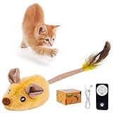Interaktives Katzenspielzeug Selbstbeschäftigung, Katzenspielzeug Spielmaus, Katzenspielzeug Maus Mit Federschwanz, Realistische Mausgeräusche, Interaktive Spielzeug Maus (Gelb, Mit Fernbedienung)