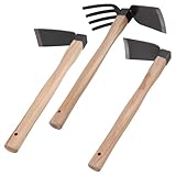 CHEUKYIU Garten Werkzeuge Set mit 3 Gartenhacken, Inklusive Breite Flache Hacke, Schmale Flache Hacke, Vierzahnhacke, Gartenhacke Hacke Schwarze Hacke mit Holzfarbenem Griff für Gartenpflege, Bodenbea
