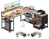 ODK Schreibtisch mit Schubladen, Reversible Eckschreibtisch mit 2 Steckdosen und 2 USB Ladeanschluss, Bürotisch L Form mit LED für Home Office 135×110cm (Graueiche)