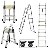XMTECH Teleskopleiter Klappleiter Multifunktionsleiter Ausziehleiter Anlegeleiter Mehrzweckleiter Leiter Ausziehbar Stehleiter - 1,9M+1,9M Klappleiter, 12 Sprossen, Silber