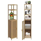 Bellamio Hochschrank Newa mit 6 Ablagen, Badezimmerschrank schmal mit 1 Tür, Aufbewahrungsschrank Badezimmermöbel aus Bambus lackiert, Standregal Bambus Regal Maße 165x33x33 cm