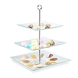 Relaxdays Etagere, 3-stöckig, eckig, Cupcakes, Kekse, Snacks, Obst, Glas, Edelstahl, Servierständer, transparent/silber, 40 x 30 x 30 cm