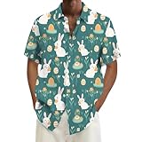 Eauptffy Hemd für Herren Sommer Locker Kaninchen Osterei Muster Hemden Ostern Ostereier Osterhase Druck Bluse Kurzarm Frezeithemd Hawaii Strandshirt Leichte Bequem Sommerhemd