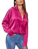 Zeagoo Damen Seidenbluse Elegante V-Ausschnitt Satin Hemd Passend Für Lässige Frühlingstage Langarmshirt Basic Herbst Dunkelrosa M