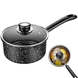 Stielkasserolle mit Deckel, Ø 16 cm ca. 1,5 L Stielkasserolle mit Langer Hitzebeständiger Griff, Kochtopf mit Ausguss, Induktion Antihaft Pfanne, Milchtopf Induktion, Sichtbar