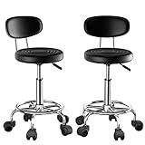 Rcynview Satz 2 Rollhocker Höhenverstellbar 70-85 cm, Lehne Drehhocker, Arbeitshocker 360° Drehstuhl mit Rollen, Hocker Schwarz als Barhocker Bürohocker Schminkstuhl Werkstatthocker Friseurstuhl