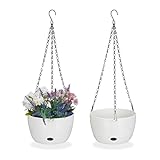 Relaxdays Blumenampel mit Wasserspeicher, 2er Set, HxD 56x20,5 cm, außen & innen, hängender Blumentopf, Kunststoff, weiß