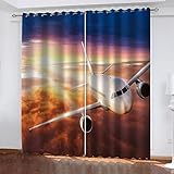 Vorhang Blickdicht Ösen 3D Weißes Flugzeug Am Himmel Muster Kinderzimmer Jungen Mädchen 2Er Set 200X170Cm（H X B） Vorhänge Wohnzimmer Schlafzimmer Thermovorhang Hitzeschutz Fenstergardinen Modern