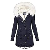 Cantissa Langer Damen-Parka mit Pelzbesatz, mit Kapuze, gepolstert, Winterjacke, Mantel, Winter, warme Baumwolle, Steppjacke, Parka mit Kunstfell-Kapuze, Y7-Navy, L