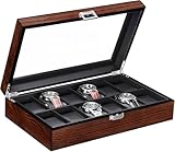 BEWISHOME Uhrenbox mit 12 Fächern, Uhrenbox Herren, Uhrenkasten mit Glasdeckel, Verschließbare Uhrenetui Holz, Ultraweicher Kunstleder-Innenausstattung, Metallscharnier, Braun ESSH12Y