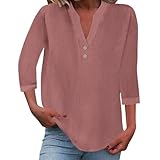 3/4-Ärmel, Leinen-Tops für Damen, lockere Passform, V-Ausschnitt, Knopf, Henley-Shirts, niedlich, solide T-Shirts, Roségold, Medium