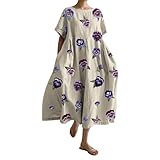 Damen-Sommerkleid, Retro, botanisches Design, bedruckt, lässig, lockeres Kleid mit Tasche, Midi-Kleider für Frauen, beige, XXL