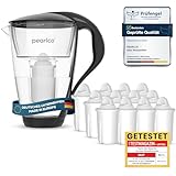 GLAS-Wasserfilter PearlCo (schwarz) mit 12 Classic Filterkartuschen - Reduzierung von Kalk, Chlor, Blei & Kupfer mit Glaskanne - kompatibel zu Brita Classic - Made in EU
