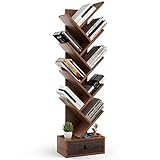 OFFICEJOY 10-stöckiges Baum-Bücherregal, bodenstehendes Bücherregal mit Schublade, kleines Bücherregal für CDs, Bücher, Zeitschriften, Utility Organizer Regale für Wohnzimmer, Arbeitszimmer