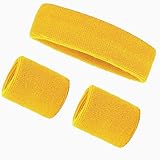 3-teiliges Sport-Stirnband-Set, saugfähige, verdickte Schweißbänder, Baumwoll-Stirnband, Armbänder für Fitnessstudio, Tennis, Fußball, Basketball, Laufen, athletische Übung, Fitness (gelb)