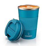 MOMSIV Thermobecher Isolierbecher, 13oz/380ml Rutschfest Edelstahl Travel Mug, Kaffeebecher aus Doppelwandig isoliert Vakuum auslaufsicher Reisebecher mit Deckel Kaffee-to-go Becher, Blau