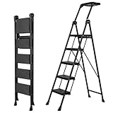 XinSunho 5-stufige Leiter, Sicherheits-Stehleiter, 5 Stufen Trittleiter Klappbar mit Ablage, breite Standfläche & Handlauf, Haushaltsleiter bis 300kg, Stahl