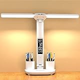YNDD 7W LED Schreibtischlampe Kinder, Dimmbare Akku Schreibtischleuchte Kabellos mit Uhr/Stifthalter/LCD Display/Kalender/Temperatur, 3 Lichtfarben 3200mAh Batterie Bürolampe für Mädchen Jungen, Weiss