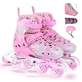 VEZLOPUS Inlineskates mit Hockeyschlägern und Bällen Set, größenverstellbar, rosa Inlineskates für Kinder, Teenager