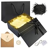 Geschenkbox mit Deckel, 22,5 x 16 x 8,5cm Schwarze Geschenkbox Geburtstag, Geschenkverpackung mit Grußkarte, Lichterkette, Bast und Tragetasche, Geschenkkarton für Hochzeit, Geburtstag