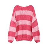 Yassiglia Damen Y2k Gestreift Pullover Elegant Farbblock Strickpullover Oversize Gestrickt Sweatshirt Herbst Winter Langarm Lose Fit Top (Rosa, L)