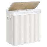 SONGMICS Wäschekorb, 150 l, schmutziger Wäschekorb, 3 Sortierfächer, Deckel aus Bambus, Griffe, faltbar, abnehmbarer Beutel, maschinenwaschbar, für Waschküche, Schlafzimmer, Weiß LCB091W01