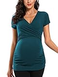 Glampunch Damen Umstands-Still-Top, kurzärmelig, V-Ausschnitt, Still-T-Shirts, Schwangerschafts-Tops, Pfauenblau, XX-Large
