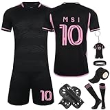 Nr.10 Fußball Trikot Sets für Kinder, Trikots Shorts Socken Set mit Schienbeinschoner und Schlüsselanhänger,22/24/26/28 Fußball Trikot Sets Kinder Fussball Jersey Trainingsanzug für Junge Herren