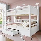 LAKFEW Kinderbett Etagenbett 90x200 cm für 2 Kinder, Hochbett mit Stauraum Schubladen, Stauraumbett Bett mit Leiter, Holzbett Bettgestell mit Lattenrost und Rausfallschutz, Ohne Matratze, Weiß