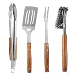 onlyfire Grillbesteck Set 4-TLG, Grill Zubehör Set Enthält Grillzange, Grillwender, Fleischgabel und Grillbürste mit Extra-Langen Holzgriffen & Aufhänge-Ösen, Grillzubehör aus Edelstahl & Akazienholz