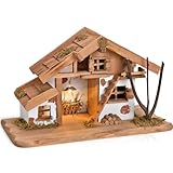 Große LED Weihnachtskrippe aus Echtholz - Holz Krippe beleuchtet für Advent und Weihnachten mit vielen liebevollen Details - Stall in 39 x 23 x 19 cm für Figuren als Weihnachtsdeko