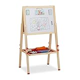 Relaxdays Standtafel Kinder, Whiteboard und Kreidetafel, höhenverstellbar, Aufsteller Holz, 102-135 x 55 x 52 cm, natur, Hellbraun, Weiß, Dunkelgrün