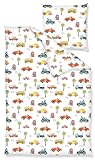 JACK Kinder Renforce Baby Bettwäsche 2 TLG. 100x135cm Autos Fahrzeuge Feuerwehr Bus Bunt Reißverschluss