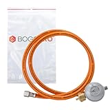 BOGAPRO Set aus Propangasschlauch 150 cm und Gasdruckregler 50 mbar, Druckminderer Gas 1/4' Linksgewinde, Gasschlauch und Druckregler inkl. Polybeutel, Polyvinylchlorid (PVC)