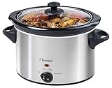Bestron Slowcooker für 4 Personen, Schongarer mit Keramikpfanne & Glasdeckel, 3 Stufen-Thermostat, ideal für viele Gerichte wie Fleisch, Suppen & Gemüse, 3.5 Liter, Farbe: Silber
