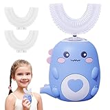 Elektrische Zahnbürsten für Kinder, 6-12/2-6, 360° U-förmige Zahnbürste, Dinosaurier-förmige Zahnbürste, Ultraschall-Bürstenköpfe, 60 Sekunden-Timer, 2 Geschwindigkeiten einstellbar (Blau, 2–6)
