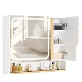 FORABAMB Spiegelschrank Bad mit LED Beleuchtung 80 cm Breit, Badezimmer Spiegelschrank mit HD Spiegel & Verstellbarem Regal, Badezimmerschrank, Badschrank, Berührung Sensorschalter, 80x16x65 cm, Weiß