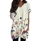 Tshirt Damen,Longshirt Damen Oversized Sommer Tshirt Kurzarm Rundhals Mit Tasche Lang Tunika T Shirt Longtops Einfarbig Elegant Longbluse Lässige Für Leggings Locker Pullover