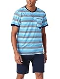 Jezonga Herren Schlafanzug Kurz Baumwolle Nightwear Set Pyjama Shorty Sommer Schlafanzüge Männer Kurzarm Nachtwäsche mit Knopfleiste D#Blau L
