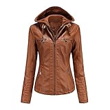 E-girl Damen Braun Lederjacke Schlank Kurz Kunstleder Kapuze Jacket Reißverschluss Motorrad Jacke für Frühling und Herbst,M,C6699N