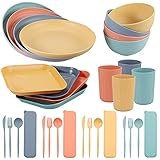 FUNYKICH Geschirrsets, 32pcs Camping Geschirr Set für 4 Personen, Leicht & Unzerbrechlich & Wiederverwendbar, mit Schüssel, Teller, Esslöffel, Essgabel, Essmesser, Becher für Geschenk Picknick Camping