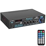 Audio Leistungs Stereoverstärker, Bluetooth Heim Audioverstärker Tragbarer Verstärkerempfänger mit FM-Radio, MP3-/USB-/SD-Lesegeräten, LED-Anzeige, 2 Mikrofoneingänge, 2 AUX-Eingänge, Fernbedienung