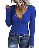 APOFER Damen Langarm Tunika Shirts Druckknopf Slim Fit Tops U-Ausschnitt Rippstrick Henley Shirts, Dunkelblau, X-Large