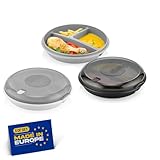 Winkly® Bento-Schüssel, 2er Set Mikrowellen Teller, Multischale mit 3 Fächern & Rund – Frischhaltedose luftdicht – Mahlzeiten getrennt aufbewahren (Grau & Schwarz & Weiß)