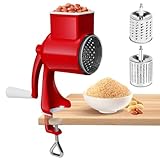 AROMUJOY Manuelle Nussmühle mit 2 Abnehmbaren Trommelblättern, Käsereibe mit Kurbel, Erdnussmühle, Mandelmühle, Gemüsehobel Edelstahl für Nüsse, Mais, Käse, Karotten, Rot