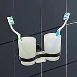IPEA Zahnputzbecher Selbstklebender zur Wandmontage mit Doppelbecher - Kein Bohren erforderlich - Modernes Design - Zahnbürstenhalter für Zahnbürsten und Zahnpasta für Bad, Dusche – Schwarze-Halterung